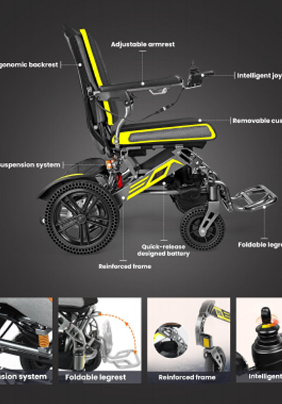 Brochura YE100 Reforçado Dobrável Leve cadeira de Rodas Elétrica